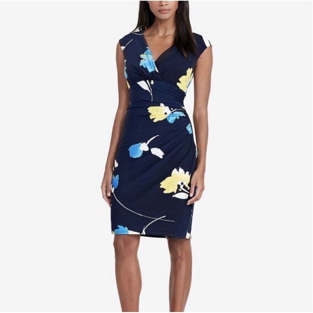 LAUREN RALPH LAUREN Women's 8 Sheath Dress Navy Floral Faux Wrap Ruched Stretch